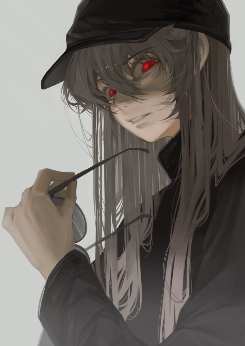 1boy, androgynous, clenched_teeth, disgust, unworn_eyewear, feitian5575, grey_background, grey_hair