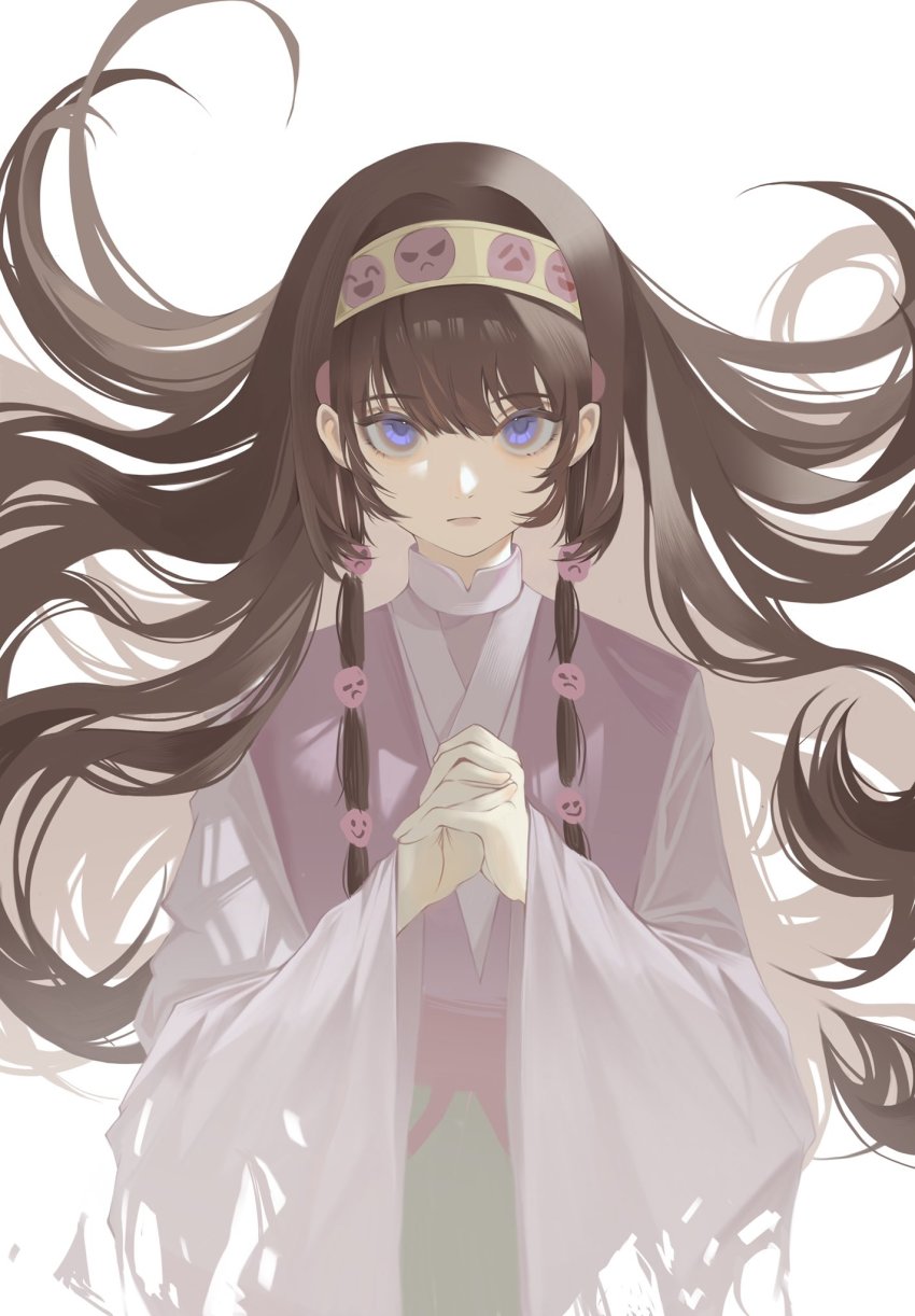 1girl, alluka_zoldyck, alternate_hair_color, androgynous, blue_eyes, brown_hair, cropped_torso, expressionless
