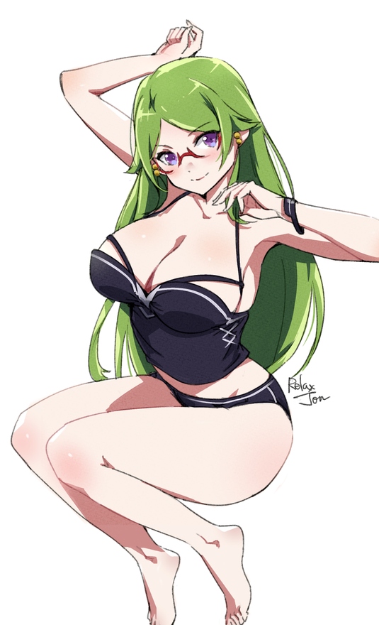 1girl, arm_up, bare_shoulders, barefoot, black_panties, blush, bracelet, breasts, cleavage, closed_mouth, collarbone, commentary_request, full_body, glasses, green_hair, jewelry, large_breasts, legs, long_hair, looking_at_viewer, megami-ryou_no_ryoubo-kun, panties, parted_bangs, purple_eyes, red-framed_eyewear, relaxjon, signature, simple_background, sitting, smile, solo, underwear, wachi_mineru, white_background