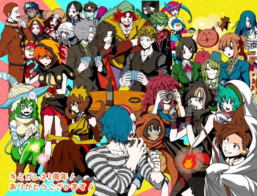 1other, 6+boys, 6+girls, :d, absolutely_everyone, ahoge, angry, animal_hands, animal_hood, aqua_eyes, aqua_hair, arms_at_sides, arujii_(kimi_ga_shine), ascot, beanie, beard, black_hair, black_headwear, black_jacket, black_pants, black_shirt, black_suit, blue_hair, blue_jacket, blue_necktie, blue_pants, blue_shorts, blunt_bangs, blush, boots, botsun_(kimi_ga_shine), bow, bowtie, braid, breasts, brown_dress, brown_eyes, brown_footwear, brown_gloves, brown_hair, brown_pants, brown_shirt, brown_suit, bucket, bucket_on_head, burgerberg_q-taro, camera, card, cat_hood, checkered_necktie, chidouin_sara, cleavage, closed_eyes, closed_mouth, clothes_around_waist, collared_shirt, colored_skin, covering_own_mouth, crying, crying_with_eyes_open, dark-skinned_male, dark_skin, detached_hood, diagonal-striped_clothes, diagonal-striped_necktie, dress, ear_piercing, elbow_gloves, everyone, facial_hair, fingerless_gloves, fire, fireworks, food-themed_clothes, formal_clothes, french_braid, ghost_costume, gloves, green_eyes, green_hair, green_headwear, green_jacket, green_necktie, green_thighhighs, grey_eyes, grey_gloves, grey_jacket, grey_shirt, grin, hair_between_eyes, hair_ornament, hair_over_one_eye, hairclip, hannakii, hat, hayasaka_shunsuke, highres, hiyori_sou, hoemii, holding, holding_camera, holding_fireworks, hood, hood_up, ibushi_gin, jacket, jacket_around_waist, kageyama_ranmaru, kimi_ga_shine, kinashi_anzu, kizuchi_kanna, kizuchi_kugie, kurumada_naomichi, lapels, long_hair, long_sleeves, looking_at_another, makeup, messy_hair, midori_(kimi_ga_shine), mishima_kazumi_(tekken), mishuku_hinako, multicolored_hair, multiple_boys, multiple_girls, muscular, muscular_male, mustache, nannkizum, neckerchief, necktie, notched_lapels, nyaa-chan_(kimi_ga_shine), object_on_head, official_art, one_eye_closed, one_eye_covered, open_mouth, orange_eyes, orange_hair, pants, paw_gloves, piercing, pink_eyes, pink_hair, pink_neckerchief, playing_card, polka_dot, polka_dot_scarf, ponytail, prison_clothes, red_bow, red_bowtie, red_eyes, red_footwear, red_gloves, red_hair, red_neckerchief, red_necktie, red_scarf, sasahara_megumi, satou_gashu, satou_kai, scared, scarf, school_uniform, shirt, shoes, short_hair, shorts, side_braid, sidelocks, simple_background, single_sidelock, sitting, skirt, smile, sonobeno_school_uniform, spiked_hair, standing, streaked_hair, striped_clothes, striped_shirt, suit, surprised, sweat, swept_bangs, tank_top, tazuna_joe, tears, thighhighs, thinking, top_hat, torn_clothes, toto_noel, triangular_headpiece, tsurugi_mai, turtleneck, twintails, two-tone_gloves, two-tone_hair, very_short_hair, wavy_hair, wavy_mouth, white_hair, white_skin, yabusame_alice, yabusame_reko, yellow_ascot, yellow_background, yellow_gloves, yellow_hood, yellow_jacket, yellow_shirt
