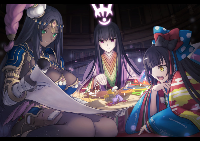 3girls, arabian_clothes, armlet, armor, blue_armor, breasts, calligraphy_brush, cleavage
