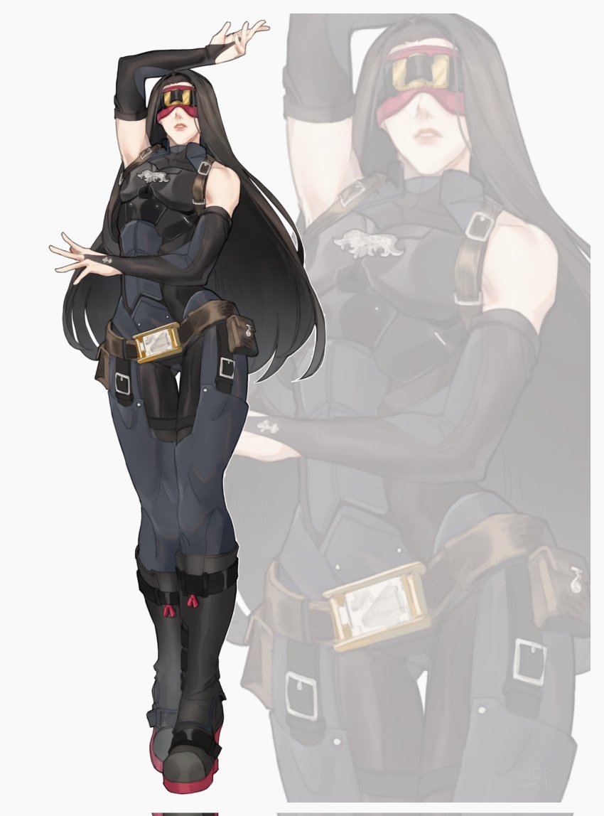 1other, androgynous, artistic_error, bare_shoulders, belt, black_hair, blindfold, boots, corrupted_twitter_file, cosplay, costume_switch, detached_sleeves, full_body, guilty_gear, guilty_gear_strive, highres, long_hair, looking_at_viewer, pollo_(pollo_pom), simple_background, sleeveless, solo, testament_(guilty_gear), very_long_hair, white_background, wrong_hand, zato-1, zato-1_(cosplay)