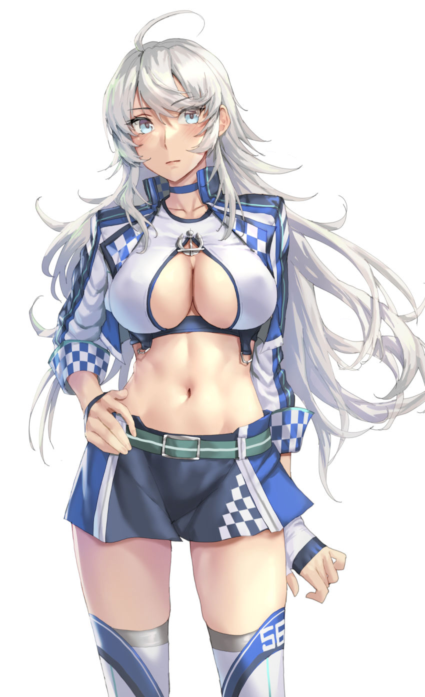 1girl, ahoge, belt, blue_eyes, closed_mouth, green_belt, hair_between_eyes, hand_on_own_hip, highres, kantai_collection, kokuzou, long_hair, simple_background, solo, washington_(kancolle), washington_(race_queen)_(kancolle), white_background, white_hair