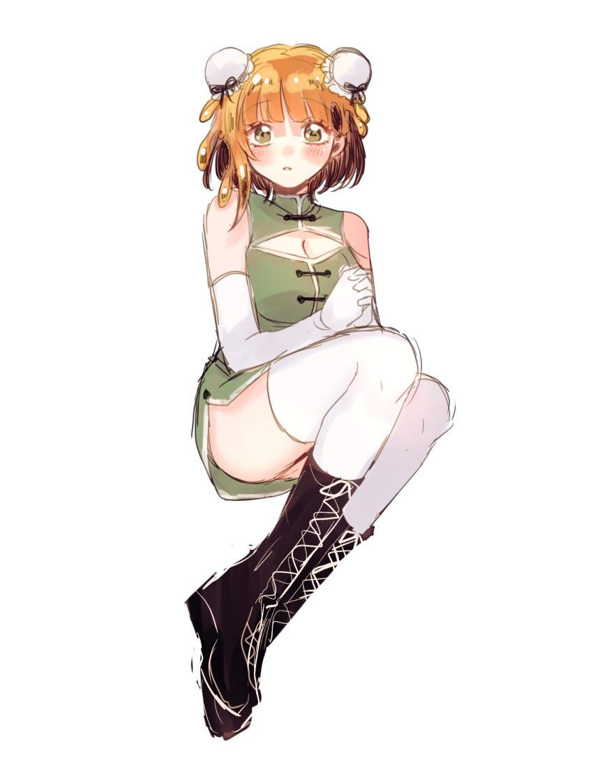 1girl, black_boots, blonde_hair, blunt_bangs, blush, boots, breasts, brown_hair
