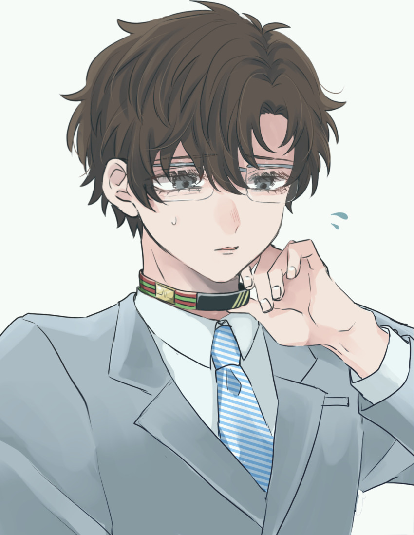 1boy, adjusting_collar, blue_necktie, brown_hair, collared_shirt, diagonal-striped_clothes, diagonal-striped_necktie, glasses, grey_eyes, grey_jacket, hair_between_eyes, hand_up, hayasaka_shunsuke, highres, jacket, kimi_ga_shine, lapels, long_sleeves, looking_down, male_focus, necktie, notched_lapels, parted_lips, portrait, shirt, short_hair, simple_background, solo, striped_clothes, suit_jacket, sweat, uououoon, white_background, white_shirt