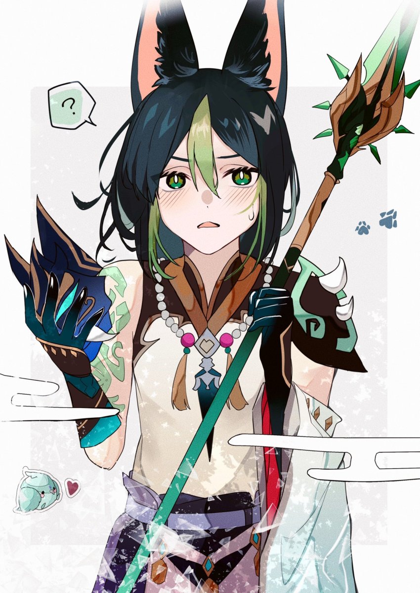 1boy, animal_ear_fluff, animal_ears, arm_guards, arm_tattoo, armor, asymmetrical_clothes, bead_necklace, beads, black_hair, blunt_ends, blush, commentary_request, cosplay, d:, detached_sleeves, facing_viewer, fox_boy, fox_ears, genshin_impact, gloves, green_eyes, green_gloves, green_hair, hair_between_eyes, highres, holding, holding_mask, jewelry, looking_at_viewer, mask, multicolored_hair, necklace, open_mouth, paw_print, pendant, primordial_jade_winged-spear_(genshin_impact), satomemaru, short_hair, shoulder_armor, shoulder_pads, shoulder_spikes, single_bare_shoulder, single_detached_sleeve, solo, spikes, streaked_hair, sweatdrop, tassel, tattoo, tighnari_(genshin_impact), two-tone_hair, wide_sleeves, xiao_(genshin_impact), xiao_(genshin_impact)_(cosplay)