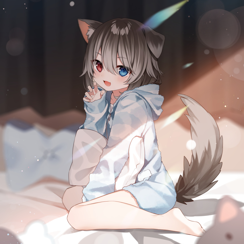 1girl, :d, absurdres, animal_ears, bare_legs, barefoot, blue_eyes, brown_hair
