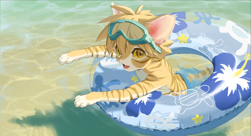 1boy, animal_ears, animal_hands, blonde_hair, blue_male_swimwear, body_fur, brown_eyes, caustics