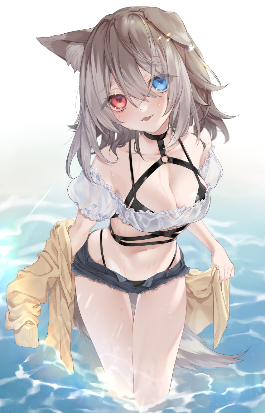 1girl, :d, absurdres, animal_ears, bikini, bikini_under_clothes, black_bikini, blue_eyes