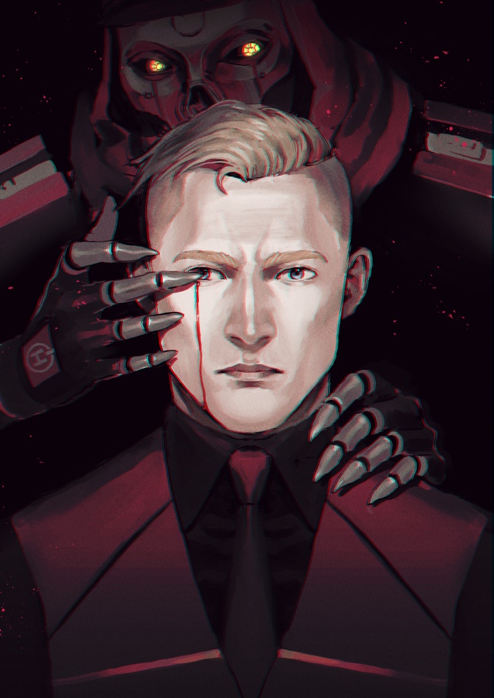 2boys, apex_legends, black_sclera, black_shirt, blonde_hair, blood, bloody_tears, blue_eyes