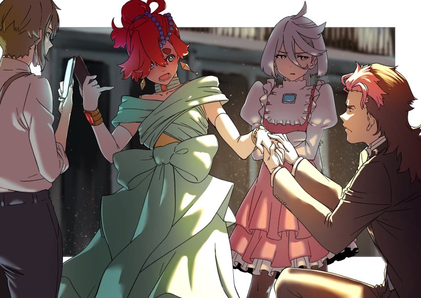 2boys, 2girls, aduti_momoyama, bracelet, brown_hair, cellphone, character_request, cosplay, earrings, elan_ceres, frills, gloves, grey_eyes, guel_jeturk, gundam, gundam_suisei_no_majo, highres, jewelry, kneeling, laura_rolla, laura_rolla_(cosplay), long_hair, loran_cehack, loran_cehack_(cosplay), miorine_rembran, multiple_boys, multiple_girls, phone, puffy_sleeves, red_hair, serious, smartphone, sochie_heim, sochie_heim_(cosplay), suletta_mercury, surprised, suspenders, turn_a_gundam, white_hair