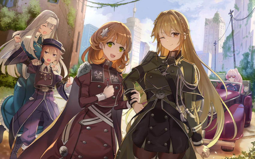 5girls, armor, blonde_hair, boots, braid, brown_hair, building, buttons, cape, car, city, clenched_hands, closed_eyes, collared_dress, comic, double-breasted, dress, driving, exosister_elis, exosister_irene, exosister_martha, exosister_sophia, exosister_stella, green_eyes, grey_hair, hair_ornament, hand_on_own_hip, hat, headband, highres, holding_another's_arm, hsin, juliet_sleeves, long_hair, long_sleeves, medium_hair, motor_vehicle, multiple_girls, one_eye_closed, open_mouth, overgrown, pants, pink_hair, ponytail, puffy_sleeves, purple_eyes, shoulder_armor, star_(symbol), star_hair_ornament, sunglasses, thighhighs, tight_clothes, wide_sleeves, yu-gi-oh!