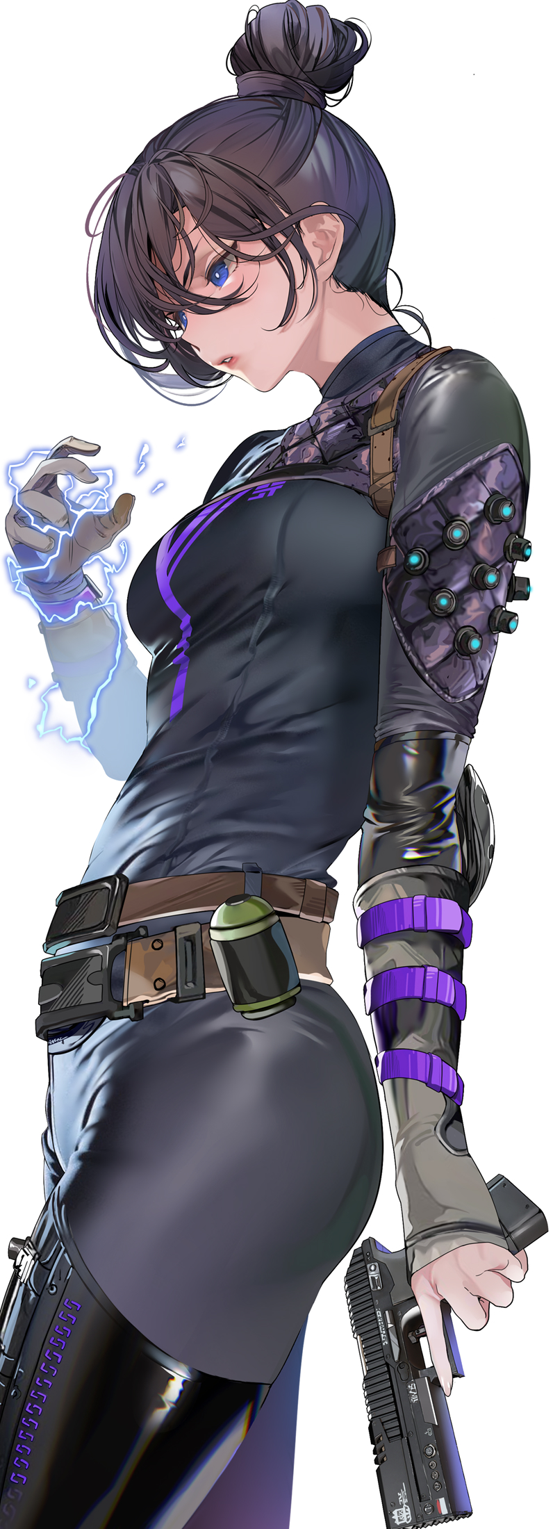 1girl, animification, apex_legends, belt, black_bodysuit, black_hair, black_thighhighs, blue_eyes