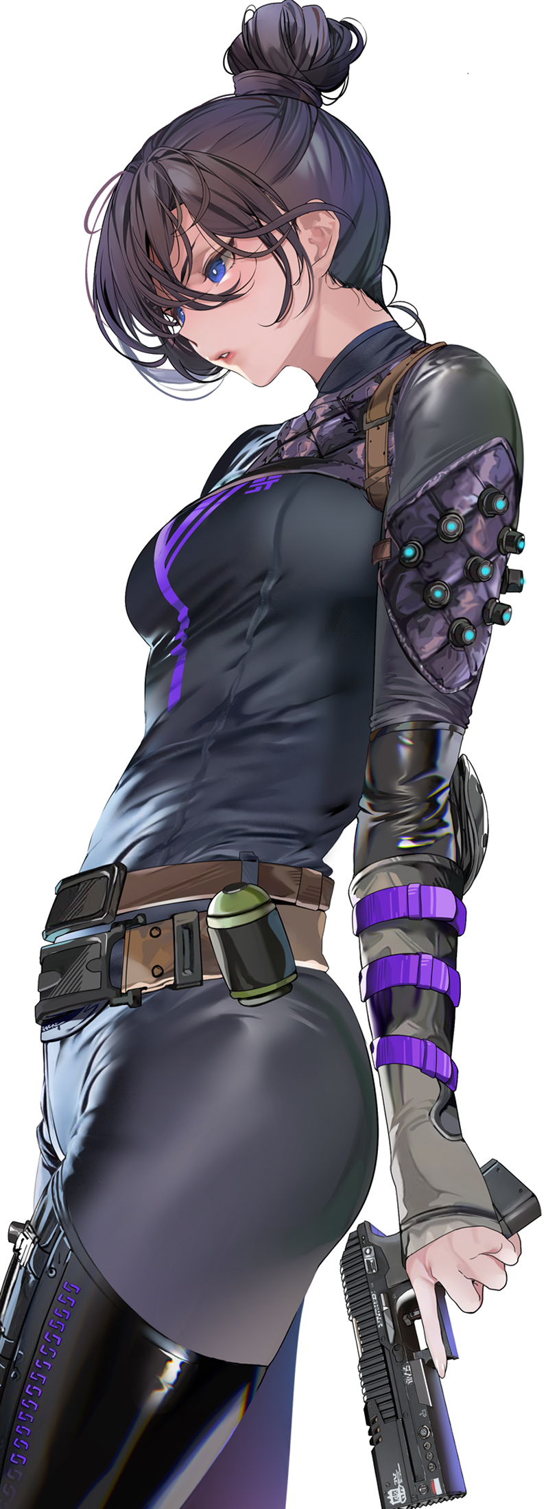 1girl, animification, apex_legends, belt, black_bodysuit, black_hair, black_thighhighs, blue_eyes, bodysuit, breasts, brown_belt, from_side, gun, hair_bun, handgun, highres, holding, holding_gun, holding_weapon, latex, latex_legwear, latex_thighhighs, lips, long_sleeves, marushin_(denwa0214), medium_breasts, p2020_(pistol), parted_lips, simple_background, single_hair_bun, thighhighs, thighs, weapon, white_background, wraith_(apex_legends)