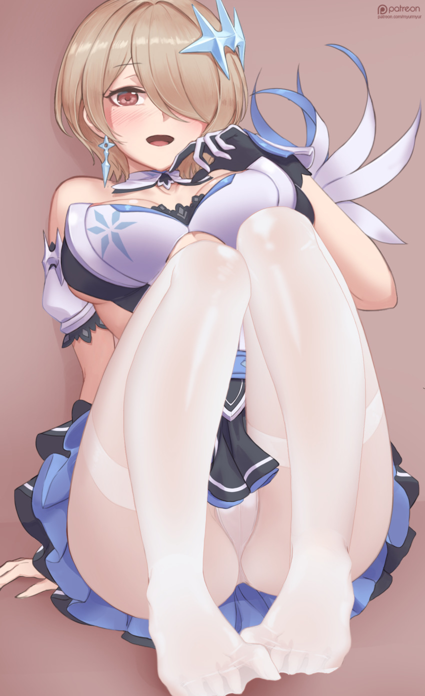 1girl, :d, bad_id, bad_pixiv_id, bare_shoulders, breasts, brown_background, brown_eyes