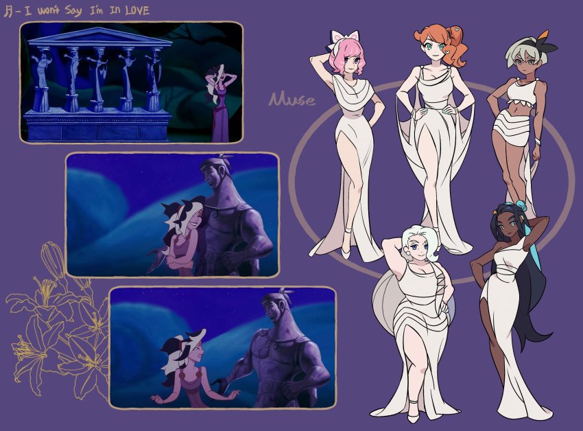 1boy, 5girls, alternate_costume, arms_behind_head, bea_(pokemon), breasts, cleavage, commentary, crossdressing, dark-skinned_female, dark_skin, dress, earrings, greek_clothes, hairband, hand_on_own_hip, hands_on_own_hips, hercules_(1997_movie), high_heels, highres, jewelry, klara_(pokemon), knees, melony_(pokemon), multiple_girls, navel, nessa_(pokemon), nintendo, piers_(pokemon), pink_hair, pokemon, pokemon_sword_and_shield, purple_background, raihan_(pokemon), shirt, short_hair, skirt, sleeveless, sleeveless_shirt, sonia_(pokemon), standing, white_dress, white_footwear, white_hairband, white_shirt, white_skirt, wristband, zigzagdb