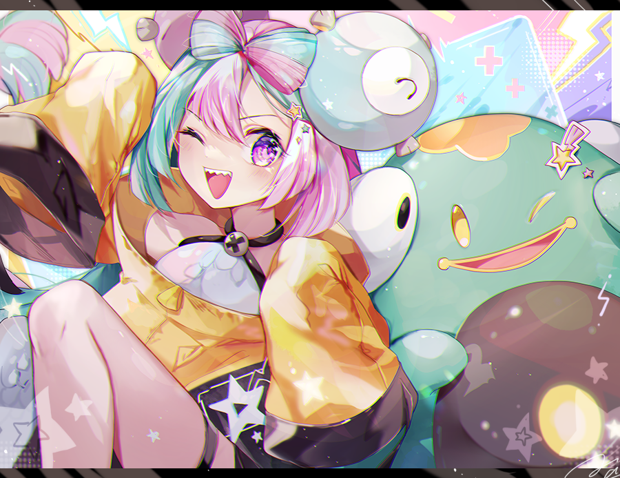 1girl, ;d, bellibolt, character_hair_ornament, coco7, commentary_request, green_hair, hair_ornament