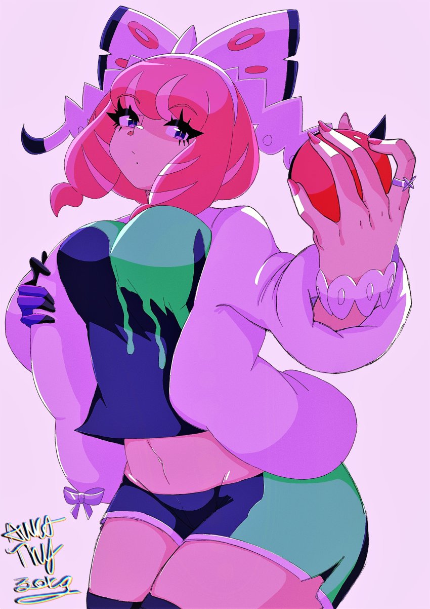 1girl, absurdres, asymmetrical_legwear, aurathyzora, black_thighhighs, blunt_bangs, bracelet, breasts, coat, fur_coat, fur_jacket, gloves, highres, holding, holding_poke_ball, jacket, jewelry, klara_(pokemon), large_breasts, mole, mole_under_mouth, multicolored_clothes, navel, nintendo, pink_hair, poke_ball, poke_ball_(basic), pokemon, pokemon_sword_and_shield, purple_eyes, short_hair, short_sleeves, shorts, side_slit, side_slit_shorts, sidelocks, single_glove, thick_thighs, thighhighs, thighs, underbust