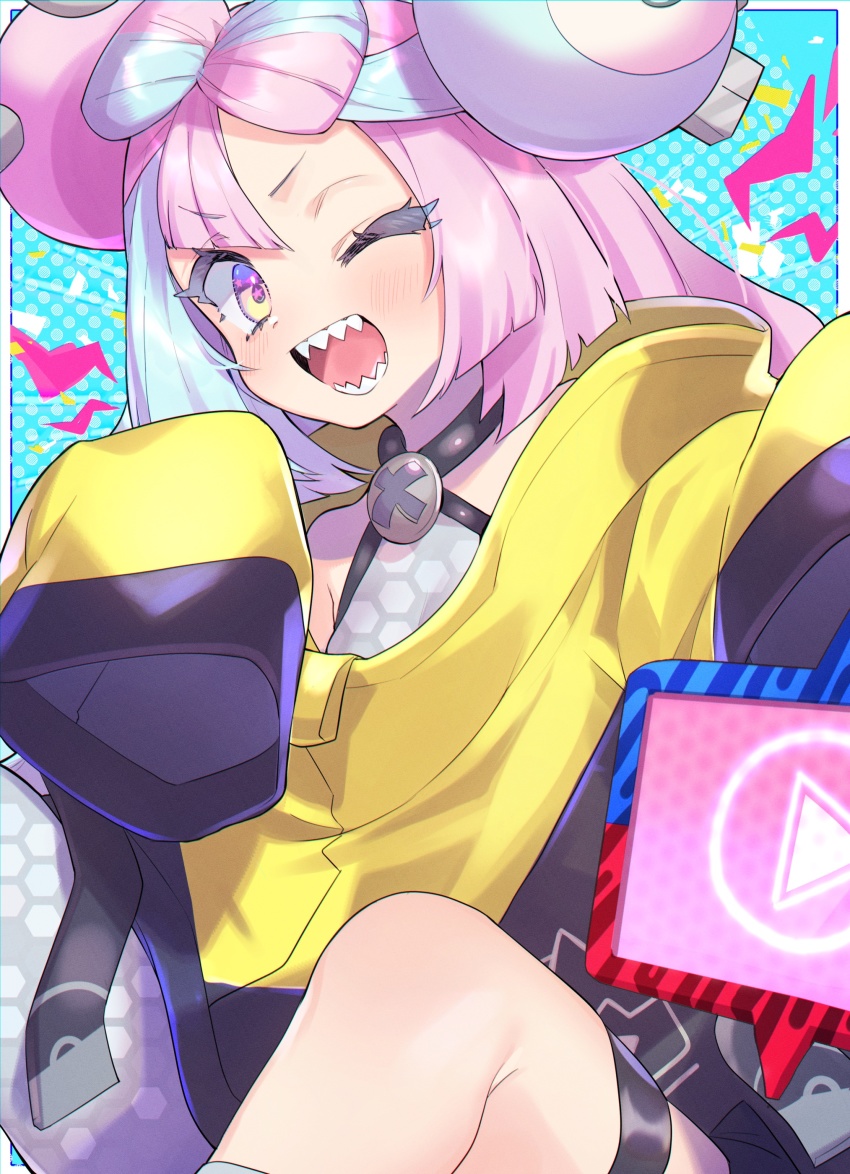 1girl, ;d, absurdres, blue_hair, blush, character_hair_ornament, commentary_request, eyelashes, grey_shirt, hair_ornament, highres, iono_(pokemon), jacket, long_hair, long_sleeves, looking_at_viewer, manami_(fearfac666), multicolored_hair, nintendo, one_eye_closed, open_mouth, pink_hair, pokemon, pokemon_scarlet_and_violet, sharp_teeth, shirt, sleeveless, sleeveless_shirt, sleeves_past_fingers, sleeves_past_wrists, smile, solo, teeth, two-tone_hair, yellow_jacket