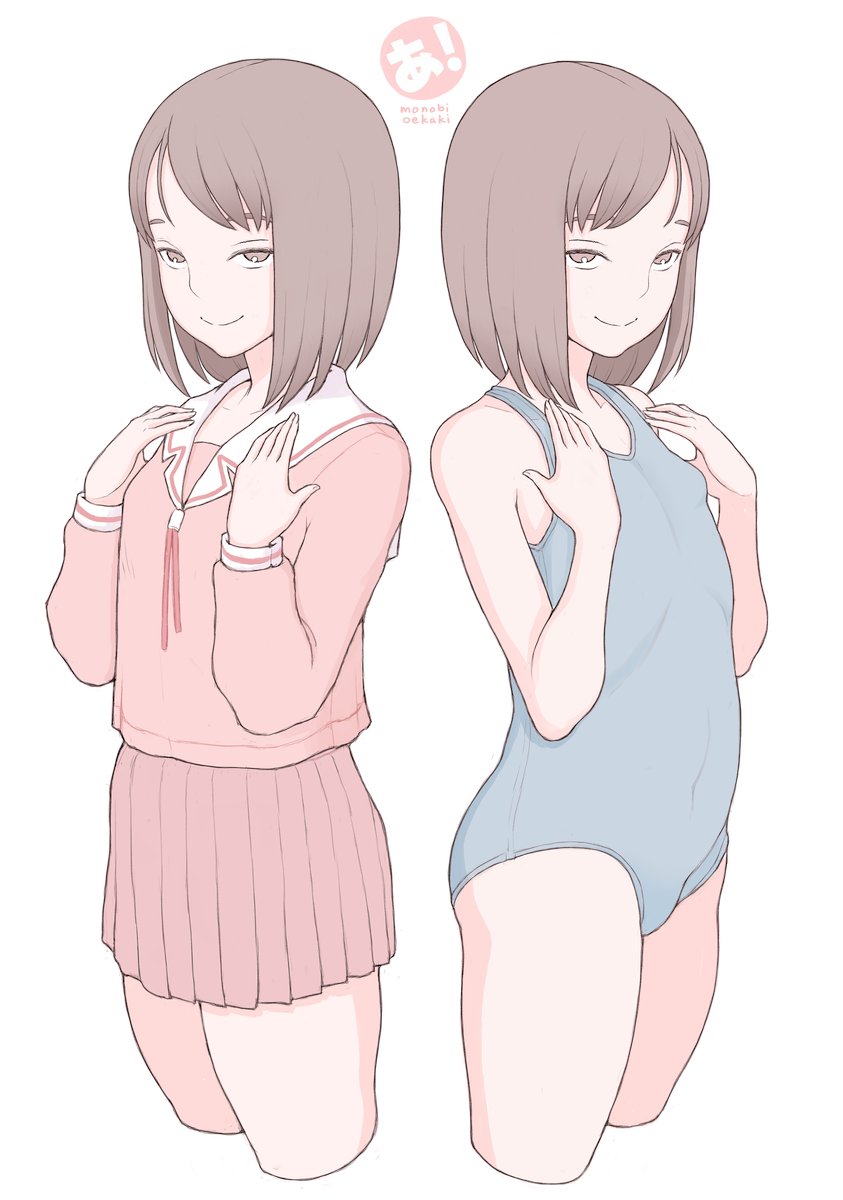 2girls, a_kun, azumanga_daioh's_school_uniform, azumanga_daiou, black_hair, blue_one-piece_swimsuit, brown_eyes, brown_skirt