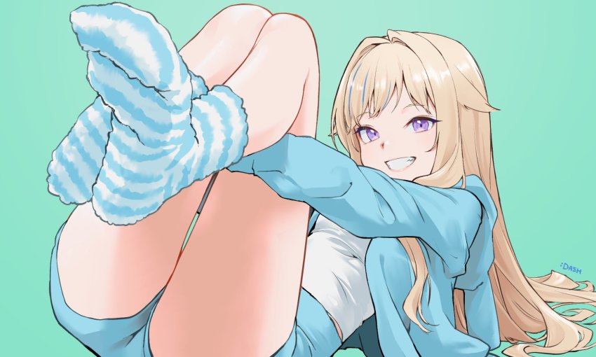 1girl, artist_name, blonde_hair, blue_hair, blue_jacket, blue_shorts, blue_socks, blush, breasts, clenched_teeth, commentary_request, esc1_2d, eyelashes, feet, feet_up, fluffy_legwear, foot_focus, foreshortening, full_body, fuzzy_footwear, fuzzy_socks, green_background, hair_intakes, highres, himehina_channel, hood, hooded_jacket, hugging_own_legs, jacket, legs, legs_together, long_hair, long_legs, looking_at_viewer, lying, multicolored_hair, no_shoes, on_back, purple_eyes, shiny_skin, shirt, short_shorts, shorts, sidelocks, simple_background, small_breasts, socks, soles, solo, streaked_hair, striped_clothes, striped_socks, suzuki_hina, teeth, thighs, toe_scrunch, virtual_youtuber, white_shirt, white_socks