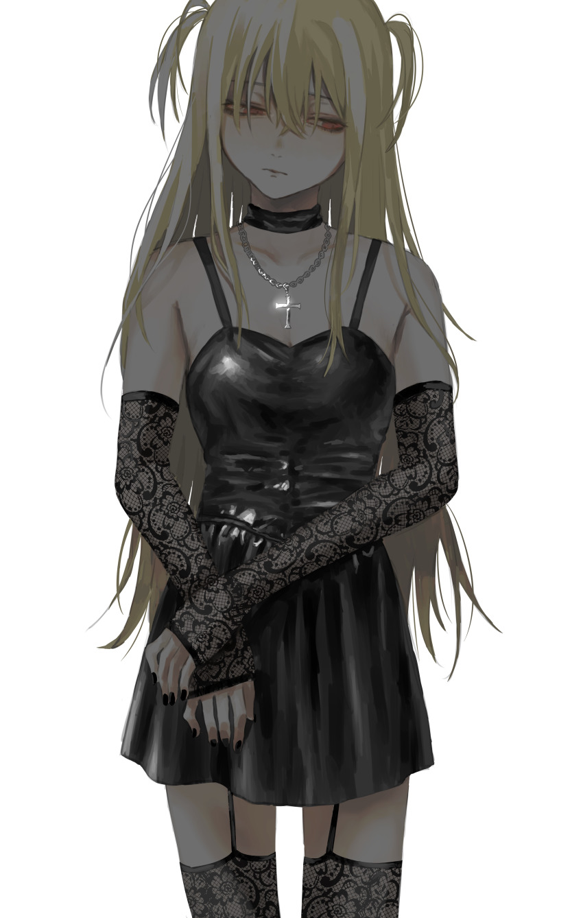 absurdres, amane_misa, black_dress, black_thighhighs, blonde_hair, choker, cross, cross_necklace
