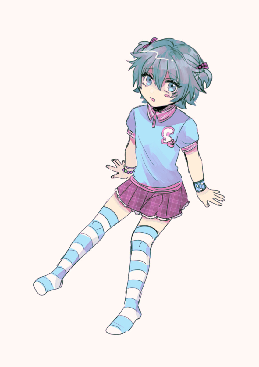 1girl, aged_down, alternate_costume, aqua_eyes, aqua_hair, arms_at_sides, blue_shirt, blue_thighhighs