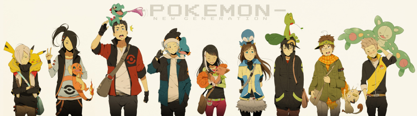 3girls, 6+boys, androgynous, animal, animal_on_arm, animal_on_head, animal_on_shoulder, borrowed_character, carter_(zoidsfan507), charmander, danzzila_(medanzzila), ellest_(luzhikari), gen_1_pokemon, gen_2_pokemon, gen_3_pokemon, gen_4_pokemon, gen_5_pokemon, highres, kayden_(haydenjaejoong), keye_(kai-isolated), mae_reed_(mzzazn), meowth, mudkip, multiple_boys, multiple_girls, nero_(ntdevont), nintendo, ntdevont, on_head, original, pikachu, piplup, pokemon, reuniclus, totodile, treecko, vance_(ichan-01), vulpix