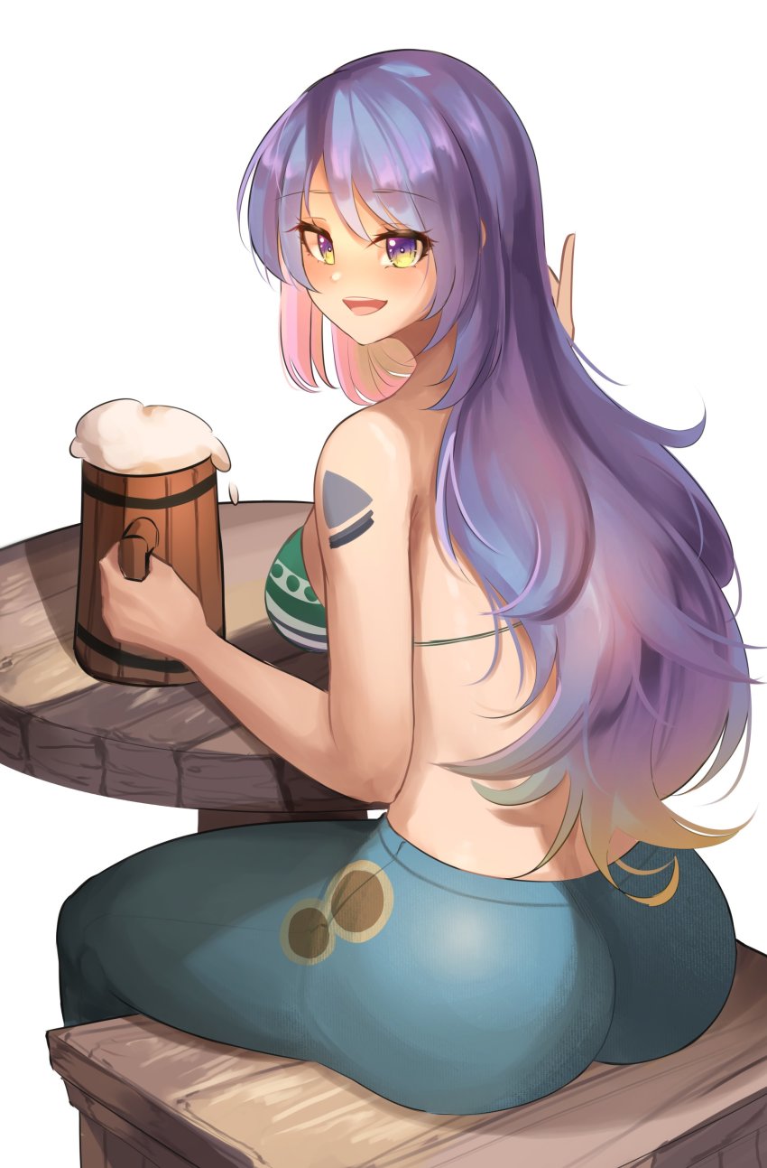 1girl, absurdres, alcohol, arm_tattoo, ass, beer_mug, bikini, bikini_top_only, blush, breasts, chair, commentary, cosplay, cup, english_commentary, foam, gradient_hair, green_bikini, green_pants, highres, hololive, hololive_indonesia, large_breasts, long_hair, looking_at_viewer, moona_hoshinova, mug, multicolored_hair, nami_(one_piece), nami_(one_piece)_(cosplay), nami_(one_piece)_(return_to_sabaody), one_piece, open_mouth, pants, purple_hair, remirii, simple_background, striped_bikini, striped_clothes, swimsuit, table, tattoo, virtual_youtuber, wooden_chair, wooden_cup, wooden_table, yellow_eyes