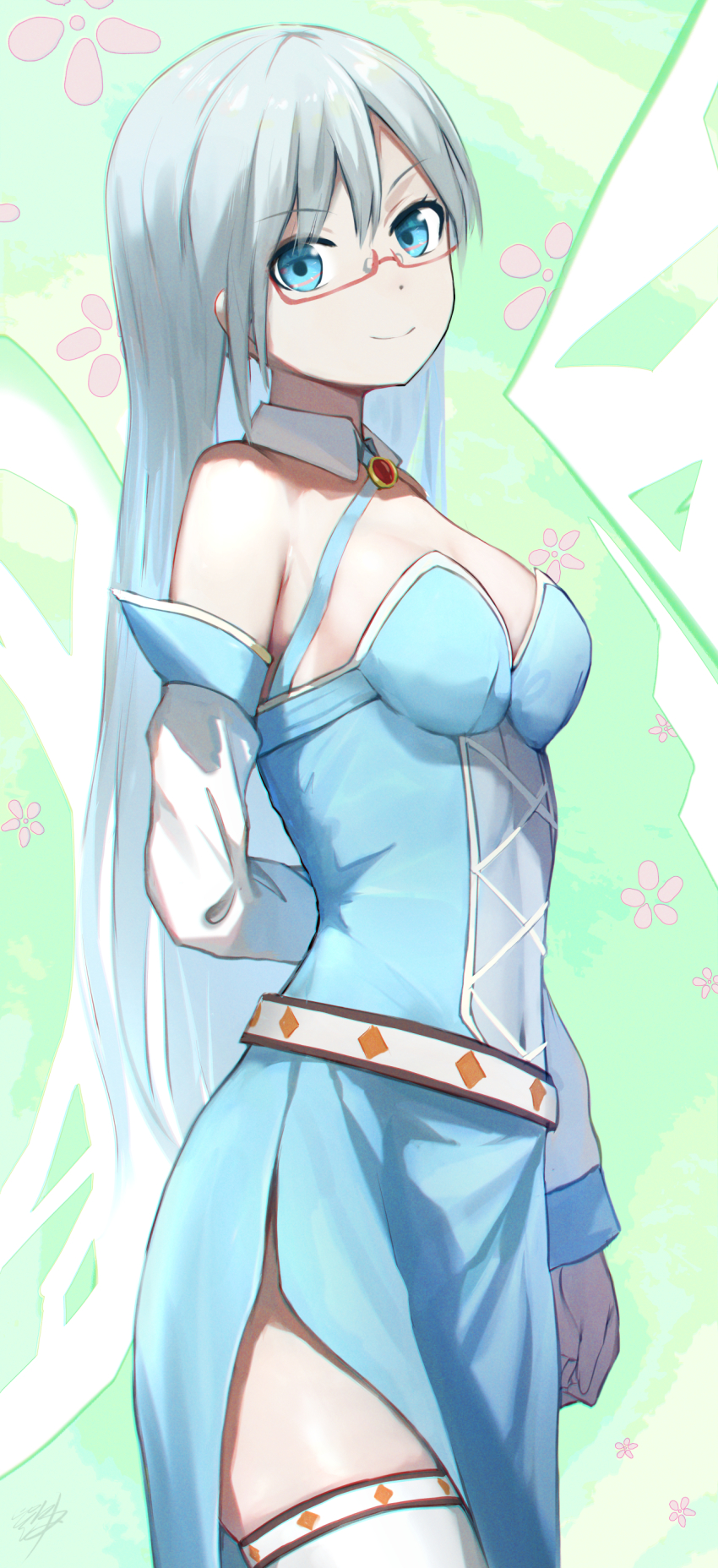 1girl, absurdres, arm_at_side, arm_behind_back, bare_shoulders, blue_eyes, breasts, cleavage
