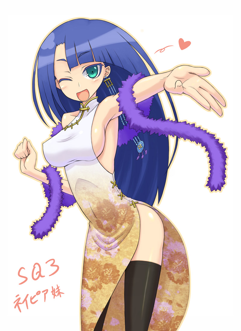 1girl, atlus, blue_hair, breasts, chinese_clothes, earrings, etrian_odyssey, feather_boa