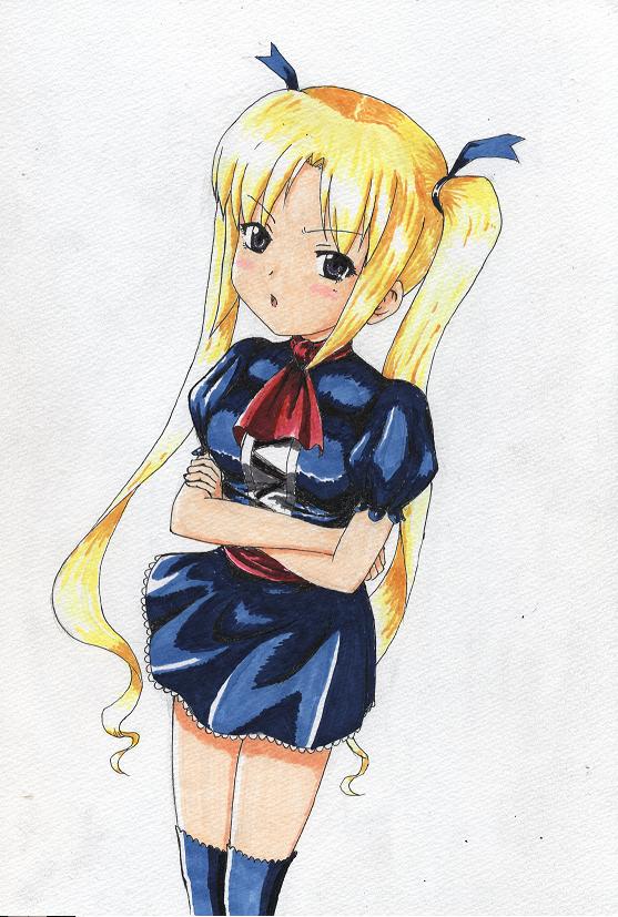 1girl, blonde_hair, crossed_arms, dress, female_focus, hair_ribbon, jujika, juujika, kigo, kigomiru, long_hair, nina_(jujika), nina_(juujika), ribbon, solo, thighhighs