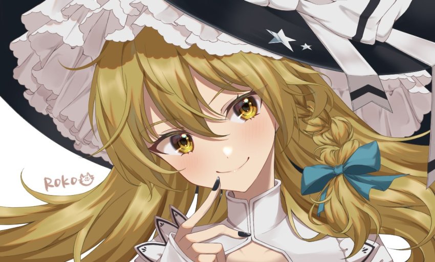 1girl, adapted_costume, black_hat, black_nails, blonde_hair, blue_ribbon, bow, braid