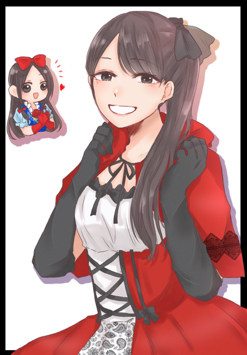 2girls, :d, assault_lily, black_border, black_bow, black_gloves, black_ribbon, blue_dress