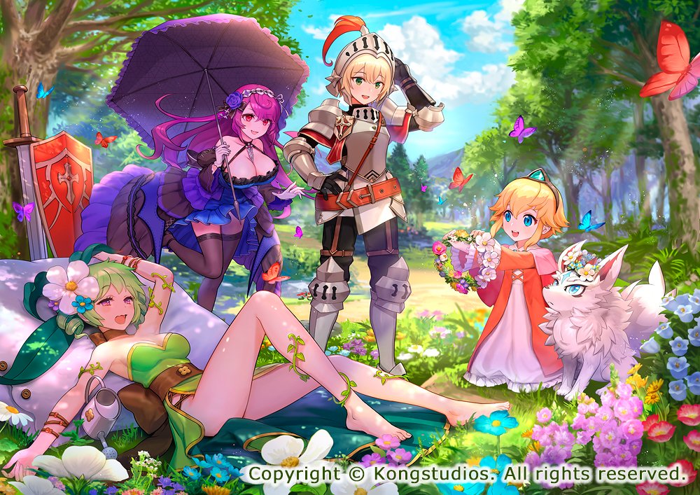 animal, armor, asatani_tomoyo, fairy, floral_background, forest, guardian_tales, head_wreath, leaf_fairy_aoba, little_princess_(guardian_tales), lying, male_knight_(guardian_tales), nature, on_back, parasol, shield, sword, umbrella, vampire, vampire_girl_karina, weapon, white_beast_(guardian_tales), wolf