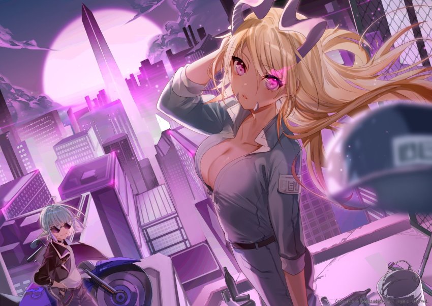 2girls, autonomous_android_mk.2, biker_clothes, blonde_hair, blue_hair, breasts, cleavage, colored_skin, curled_horns, dark_magician_beth, glasses, glowing, glowing_eye, guardian_tales, horns, janitor, large_breasts, looking_at_viewer, miwano_rag, motor_vehicle, motorcycle, multiple_girls, opaque_glasses, open_mouth, pink_skin, purple_background, purple_eyes, smirk, urban