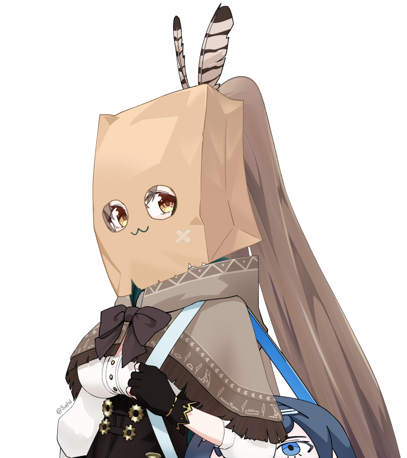 1girl, :3, ahoge, bag, bag_over_head, brown_capelet, brown_cloak, brown_corset, brown_eyes, brown_hair, capelet, cleavage_cutout, cloak, clothing_cutout, corset, faust_(blue_archive), feather_hair_ornament, feathers, gloves, hair_ornament, hairclip, handbag, hieroglyphics, hifumi_(blue_archive), hololive, hololive_english, long_hair, looking_at_viewer, mildtaste, multicolored_hair, nanashi_mumei, nanashi_mumei_(1st_costume), objectification, ouro_kronii, partially_fingerless_gloves, ponytail, ribbon, shirt, shoulder_strap, smile, streaked_hair, very_long_hair, virtual_youtuber, white_shirt, yukkronii_(ouro_kronii), yukkuri_shiteitte_ne