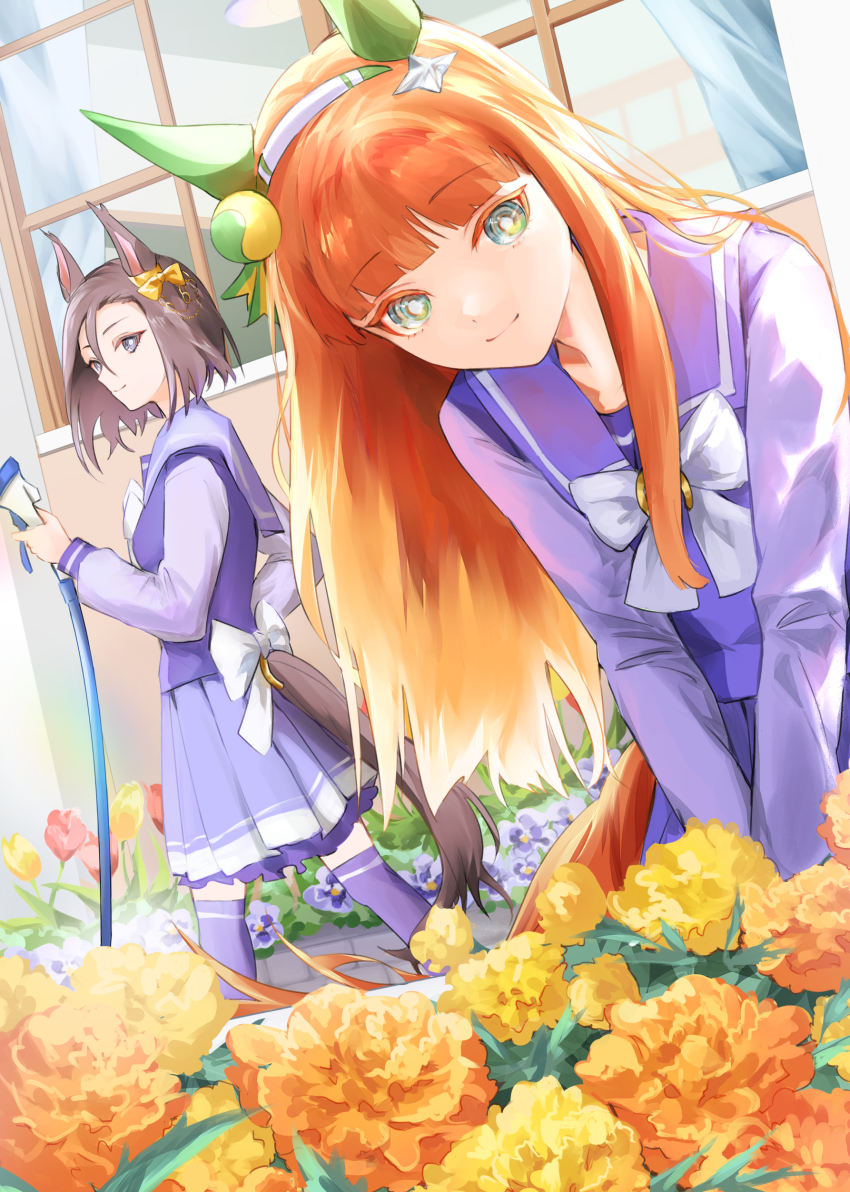 2girls, absurdres, air_groove_(umamusume), animal_ears, bow, bowtie, breasts, brown_hair