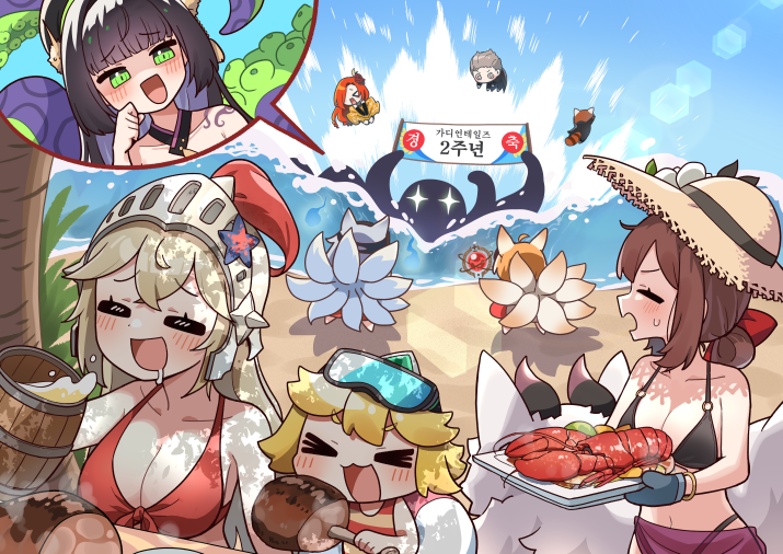 >_<, 2boys, ara_(guardian_tales), beach, beer_mug, blonde_hair, chibi, cup