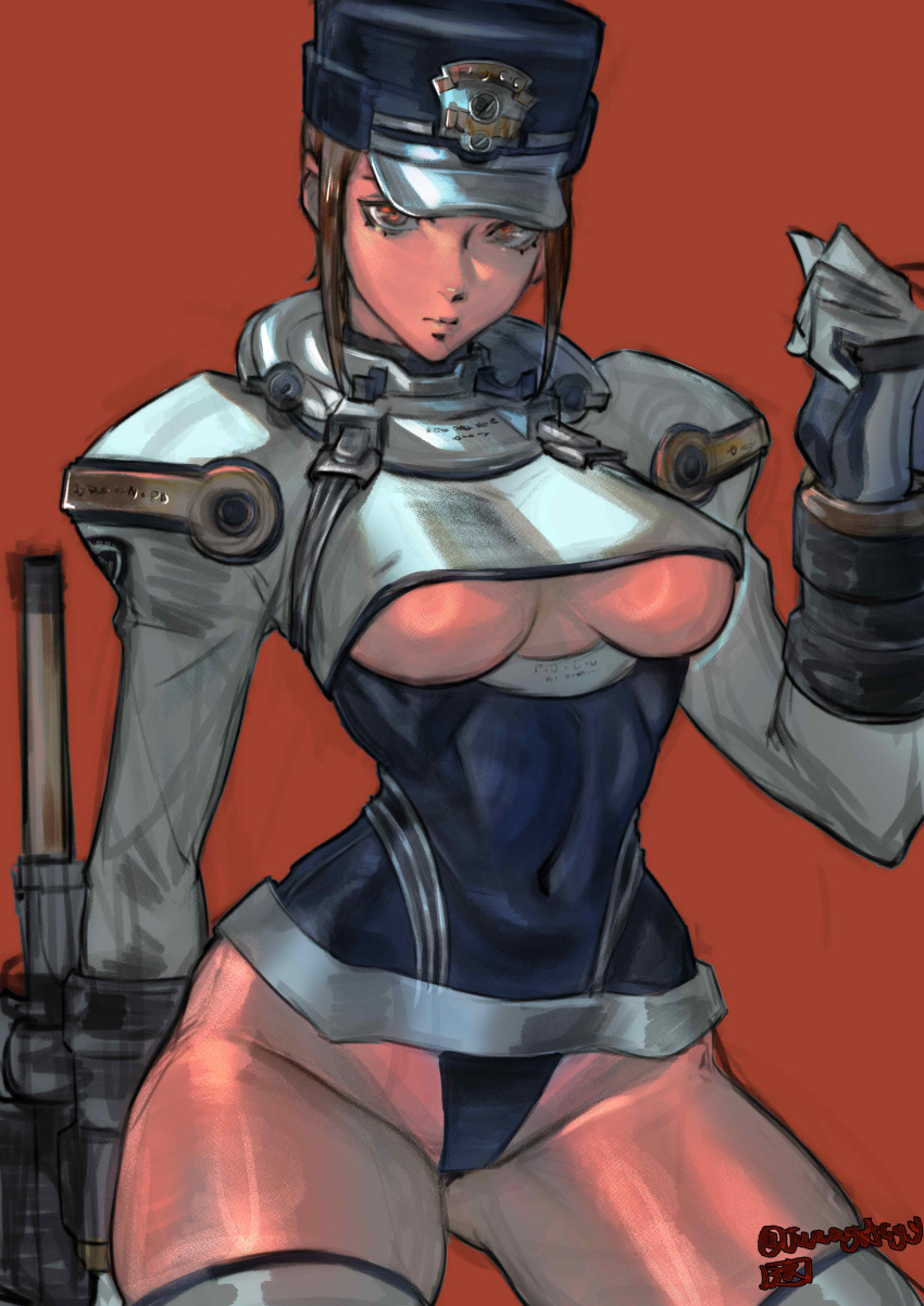 absurdres, breasts, brown_eyes, brown_hair, clothing_cutout, gloves, gouketsuji_ichizoku, groove_on_fight