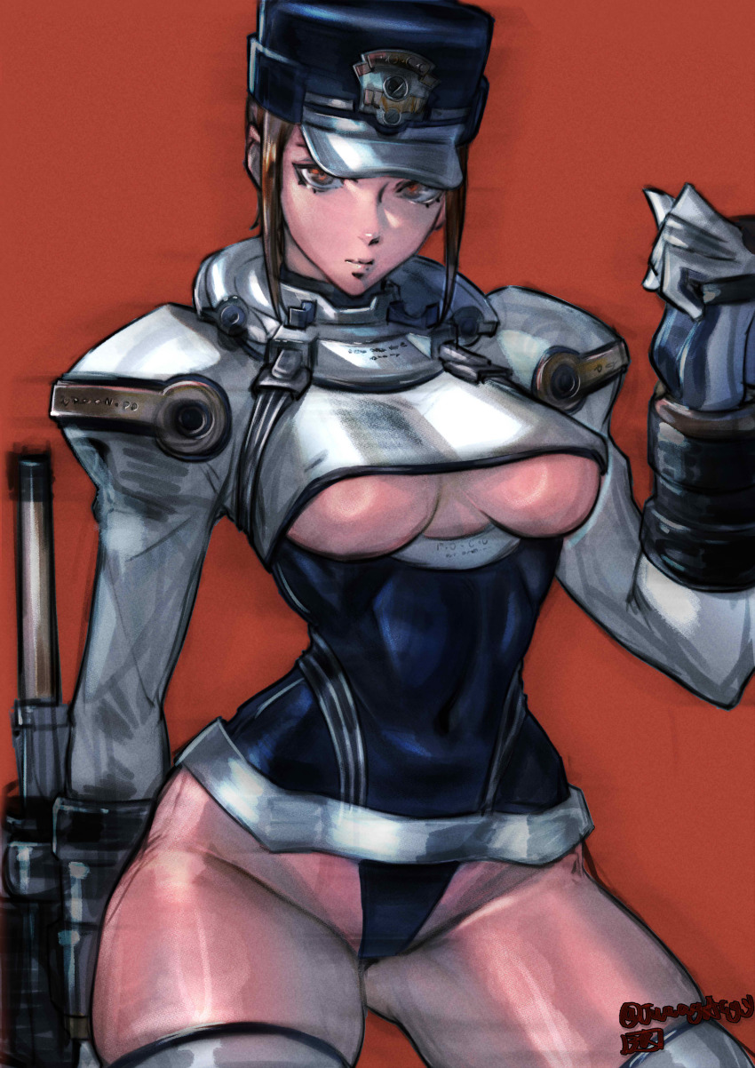 absurdres, breasts, brown_eyes, brown_hair, clothing_cutout, gloves, gouketsuji_ichizoku, groove_on_fight