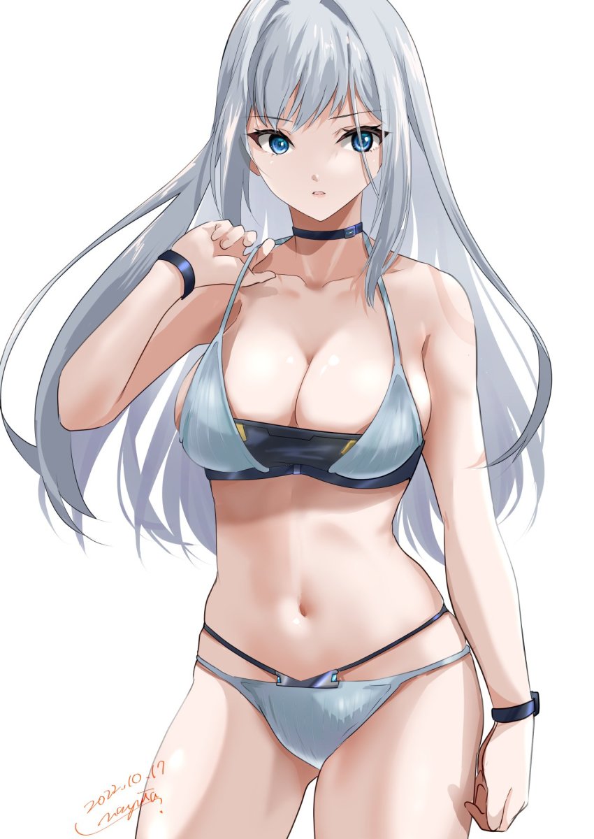 1girl, bikini, blue_eyes, breasts, cleavage, ethel_(xenoblade), grey_hair, highres, large_breasts, long_hair, looking_at_viewer, navel, nayuta-kanata, simple_background, solo, swimsuit, very_long_hair, white_background, xenoblade_chronicles_(series), xenoblade_chronicles_3