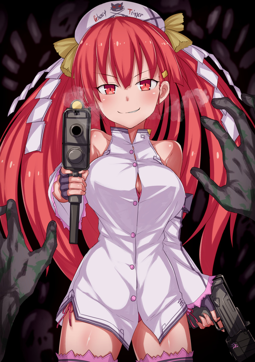 1girl, aiming, bemani, blush, cowboy_shot, dual_wielding, fingerless_gloves, gloves, gun, highres, holding, holding_gun, holding_weapon, konoha_(sound_voltex), long_hair, looking_at_viewer, pink_eyes, pink_hair, red_cornea_blue, solo_focus, sound_voltex, tagme, weapon, zombie