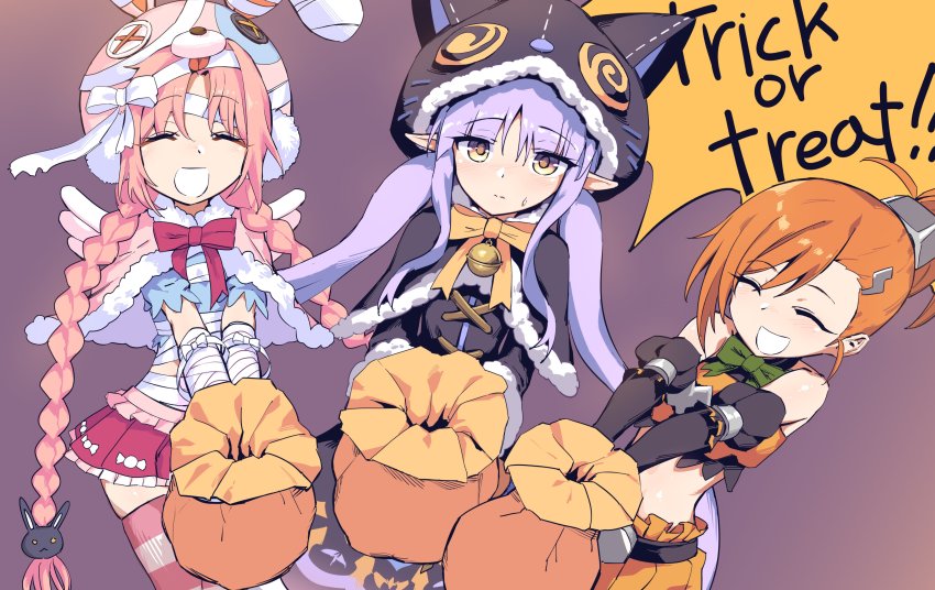 3girls, absurdres, animal_hat, animal_hood, asymmetrical_bangs, bad_id, bad_twitter_id, bag