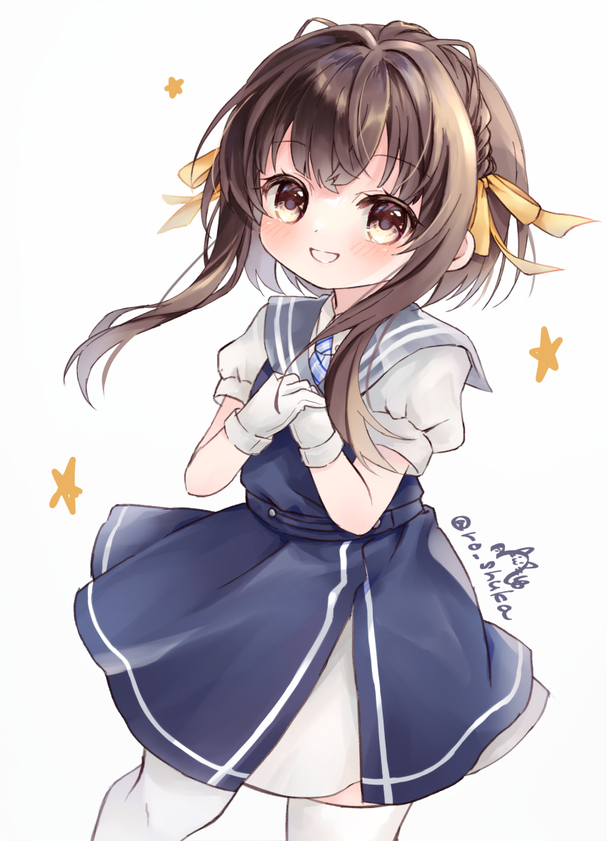 1girl, blue_dress, blue_necktie, blush, brown_eyes, brown_hair, collared_shirt, diagonal-striped_clothes