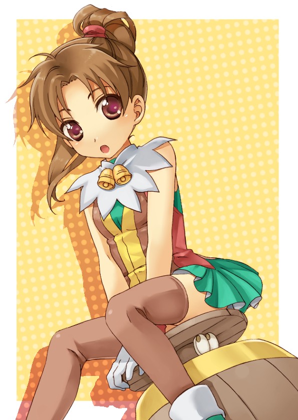 1girl, barrel, bell, brown_eyes, brown_hair, brown_thighhighs, female_focus, gadget_(suikoden)