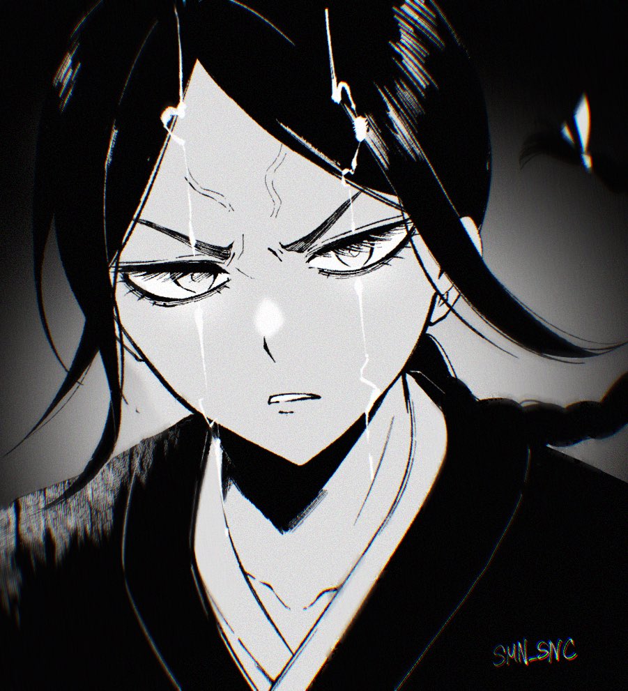 1girl, angry, black_clover, black_hair, braid, greyscale, hair_ribbon, japanese_clothes, kimono, monochrome, petite, ribbon, sumuna_sunaco, veins, yami_ichika