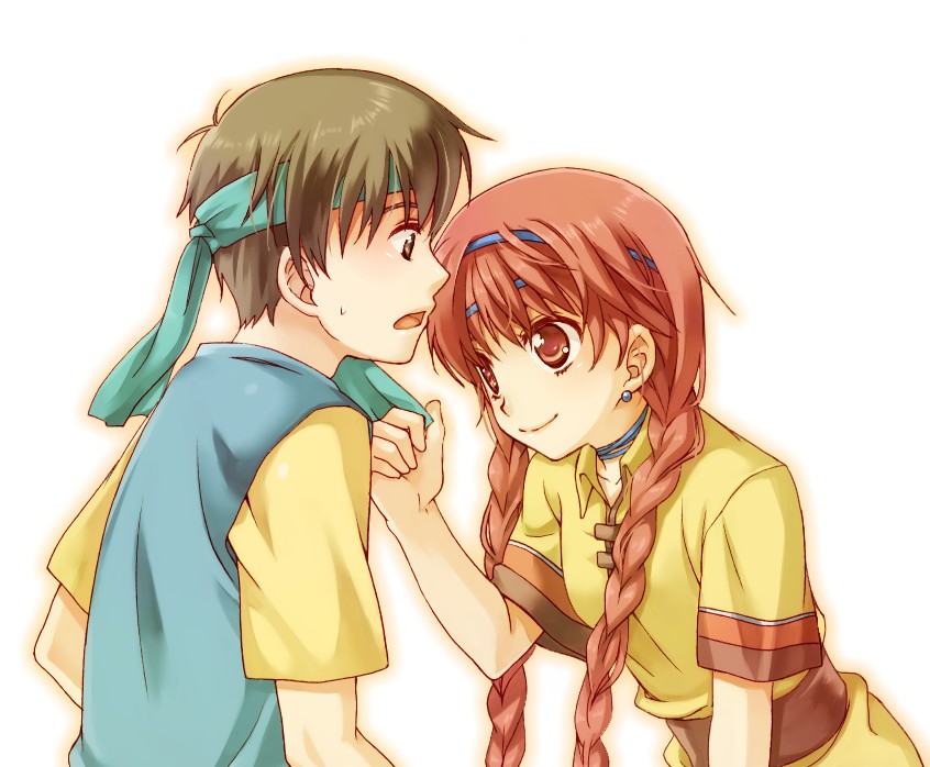 1boy, 1girl, braid, brown_eyes, brown_hair, couple, earrings, gensou_suikoden