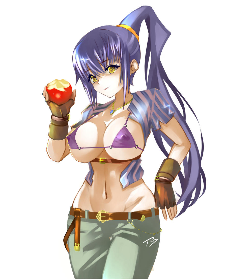 1girl, apple, bikini, bikini_top_only, breasts, cleavage, fingerless_gloves, food