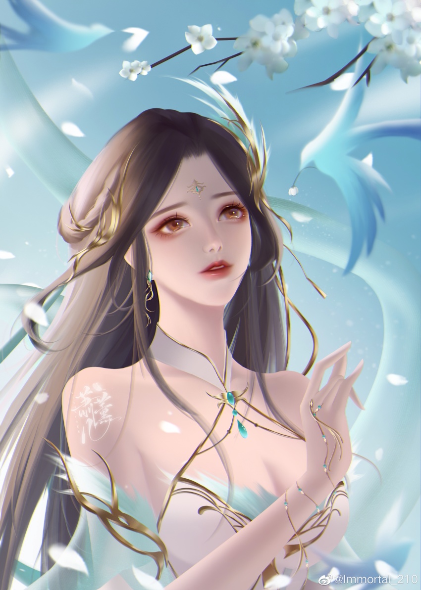 1girl, absurdres, bare_shoulders, bird, branch, brown_hair, detached_collar, doupo_cangqiong